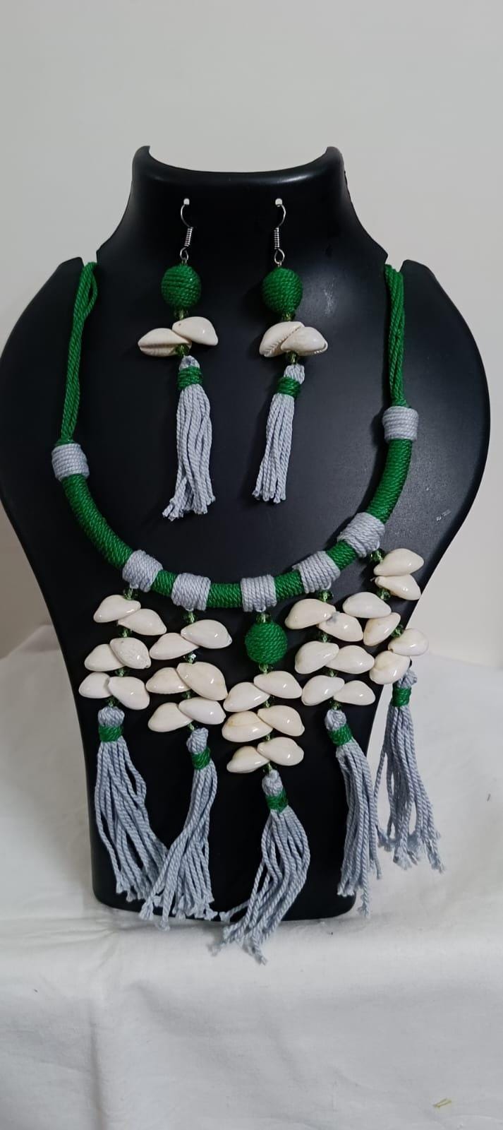 Exclusive green n grey hasuli thread necklace set with shell fringes n matching earrings