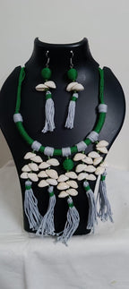 Exclusive green n grey hasuli thread necklace set with shell fringes n matching earrings