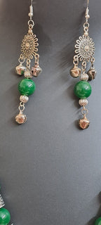 Green glass beads necklace with silver oxidised pendant