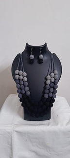 Exclusive 3 layers black thread beads necklace set with matching earrings
