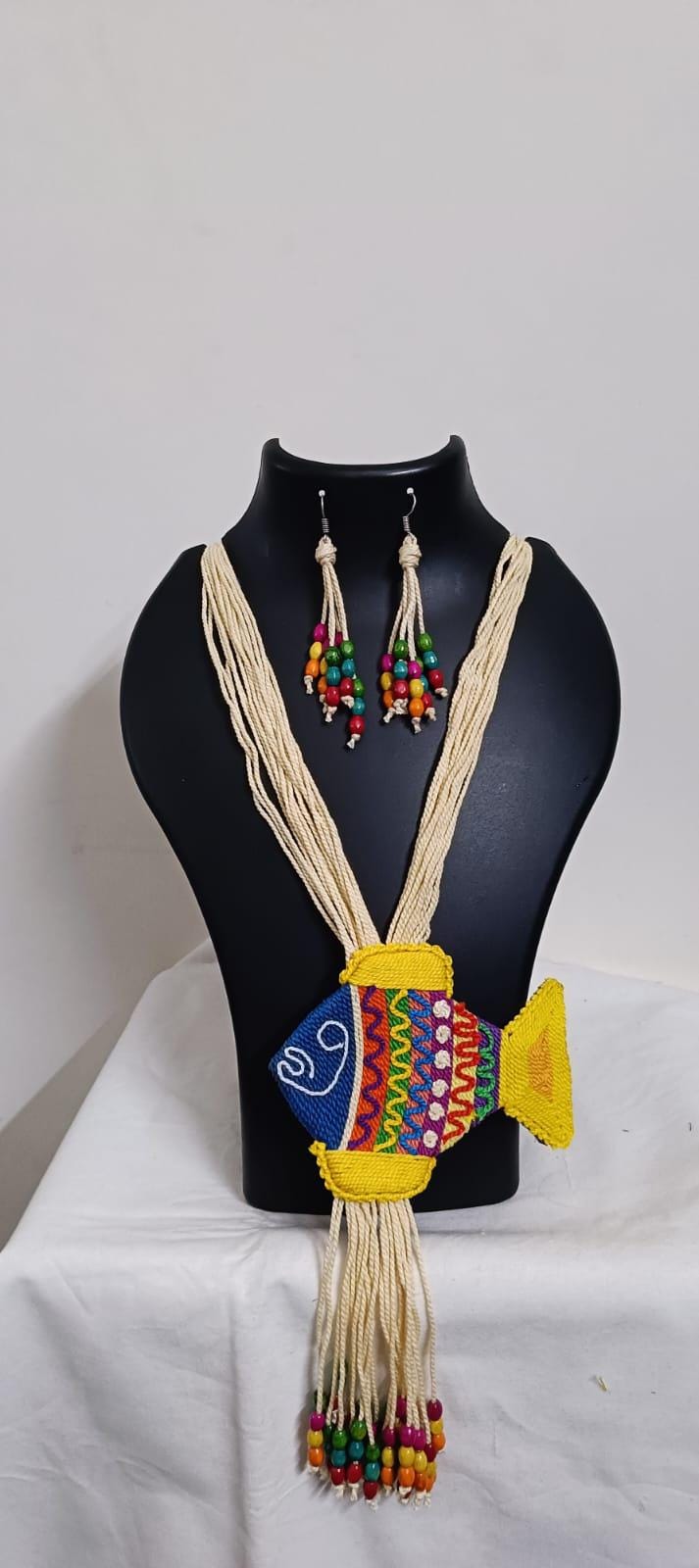 Multi colour thread fish pendant Jewellery. set with matching thread earrings