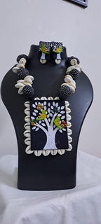 Handpainted fabric jewellery set with matching earrings