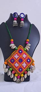 Hand embroidered Kutch Pattern fabric necklace set with matching earrings