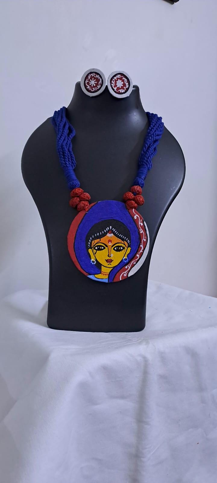 Handpainted fabric necklace set with earrings