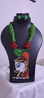 Handpainted fabric jewellery set with matching earrings