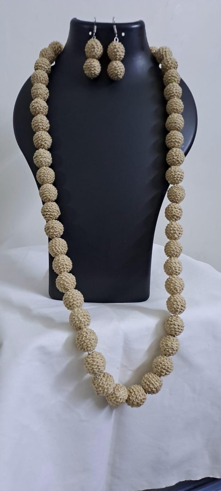 Exclusive beige colour thread beads long necklace set with matching earrings