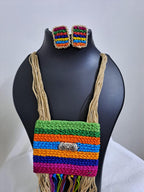Multi colour crochet thread necklace with thread danglers and matching thread earrings