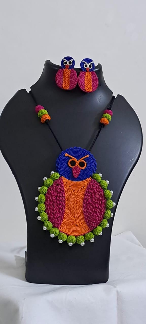 Handmade thread jewellery necklace set with owl pendant and matching earrings