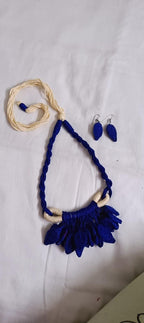 Dark Blue Crochet thread necklace set with leaf fringes and matching earrings