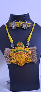 Terracotta Durga pendant jute necklace set with matching earrings