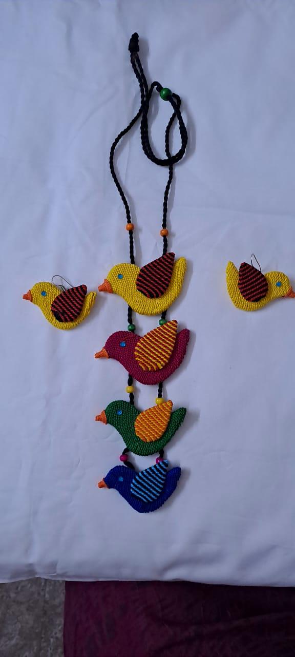 Multi coloured bird necklace and matching earrings