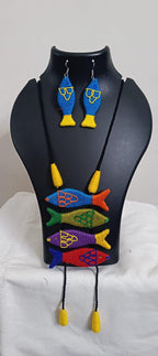 Multi colour crochet thread necklace with fish pendant and matching thread earrings