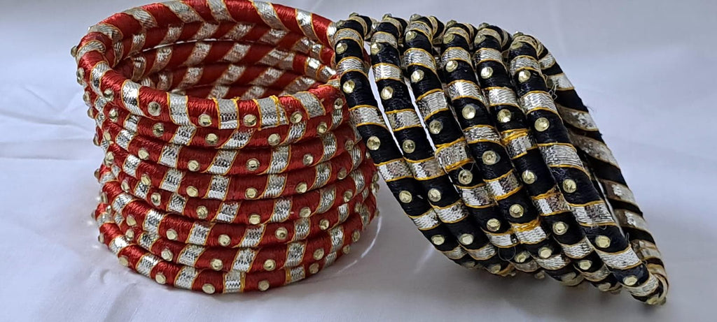 Red and black colour traditional kundan n gotta patti bangles with zari box  (set of 14 bangles)
