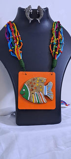 Terracotta fish pendant and thread necklace