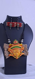 Terracotta Durga pendant jute necklace set with matching earrings