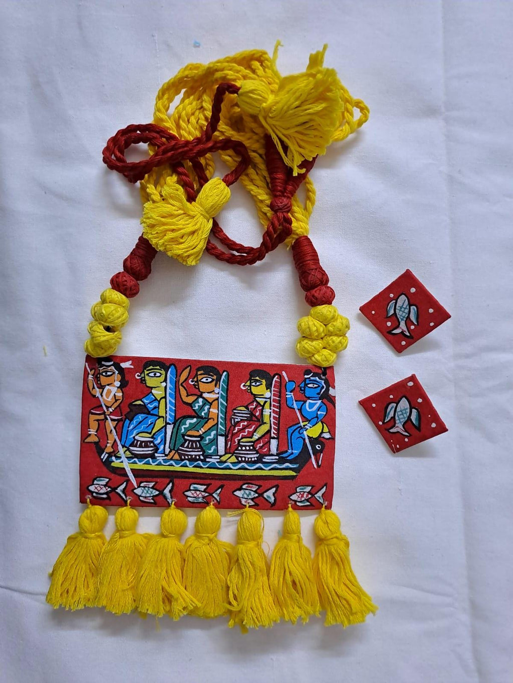 Handpainted fabric necklace set with earrings