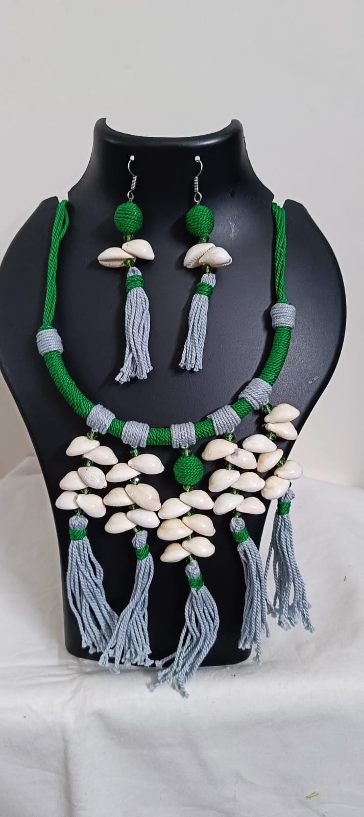Exclusive green n grey hasuli thread necklace set with shell fringes n matching earrings