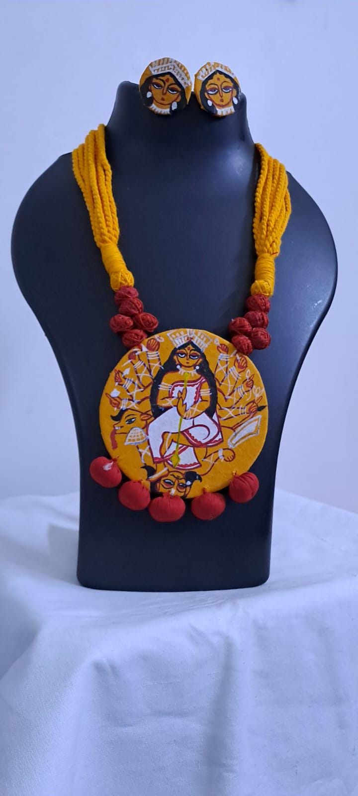 Handpainted fabric jewellery set with matching earrings