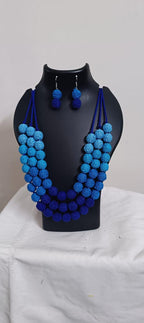 Exclusive 3 layered blue thread beads necklace set with matching earrings