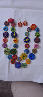 Exclusive multicoloured flat thread beads long necklace set with matching earrings (red)