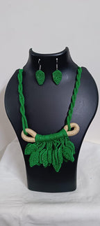 Green Crochet thread necklace set with leaf fringes and matching earrings