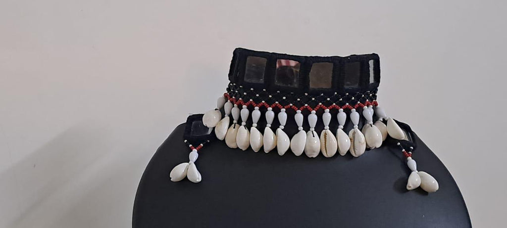 Handmade Kutch Glass work choker necklace with beads n shell fringes and glass work earrings