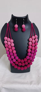 Exclusive 3 layered pink thread beads necklace set with matching earrings