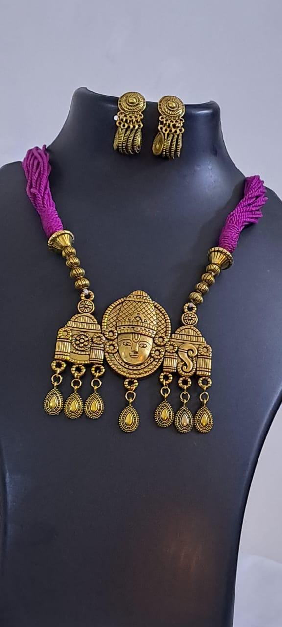 Pink thread necklace with Golden oxidised traditional pendant