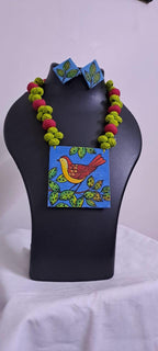 Handpainted fabric jewellery set with matching earrings