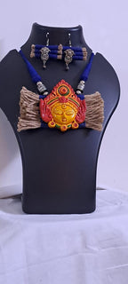 Terracotta Durga pendant jute necklace set with matching earrings