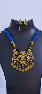 Royal blue thread necklace with Golden oxidised traditional pendant