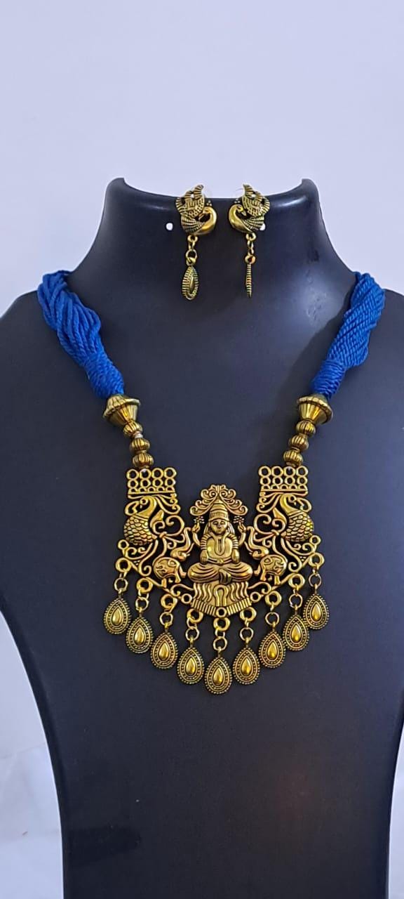 Royal blue thread necklace with Golden oxidised traditional pendant