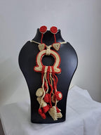 Crochet thread necklace with fringes and matching earrings