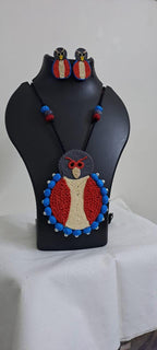 Handmade thread jewellery necklace set with owl pendant and matching earrings