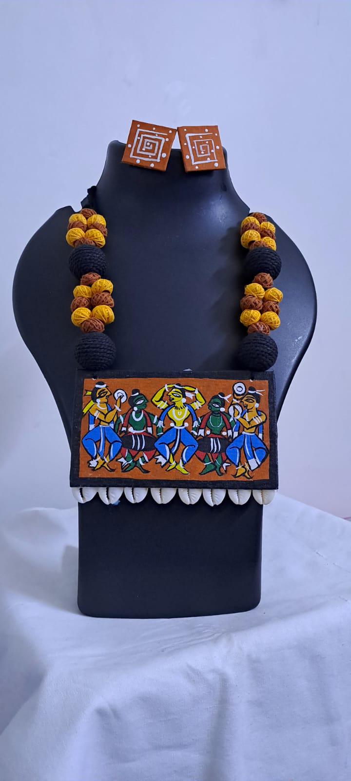 Handpainted fabric necklace set with earrings