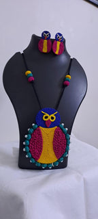 Handmade thread jewellery necklace set with owl pendant and matching earrings