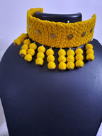 Yellow braided choker necklace set with fringes and matching earrings