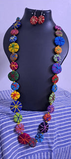Exclusive multicoloured flat thread beads long necklace set with matching earrings (red)
