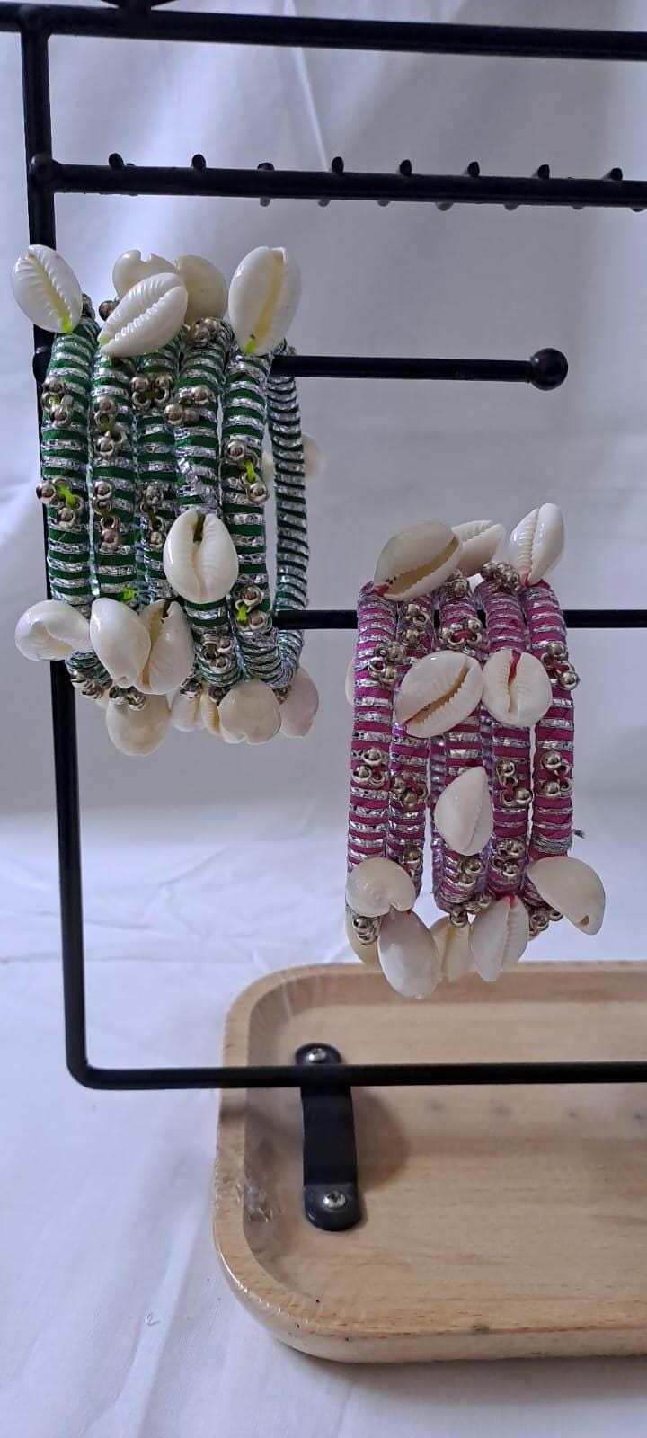 Pink and green colour traditional zari thread and kori bangles (set of 10 bangles)