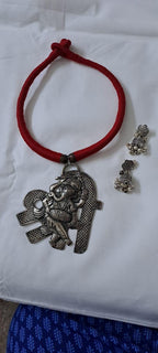 Red thread necklace with silver oxidised ganesha pendant