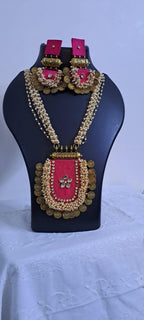 Exclusive Indian traditional pink fabric necklace with laural beads and kundan n matching earrings