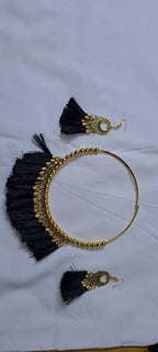 Golden neckband with black silk thread fringes and matching earrings