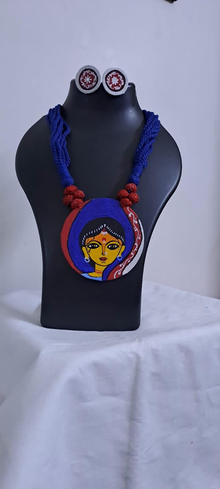 Handpainted fabric necklace set with earrings
