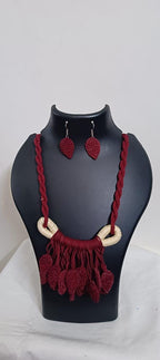 Maroon Crochet thread necklace set with leaf fringes and matching earrings