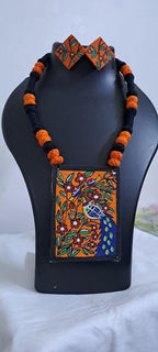 Handpainted fabric jewellery set with matching earrings