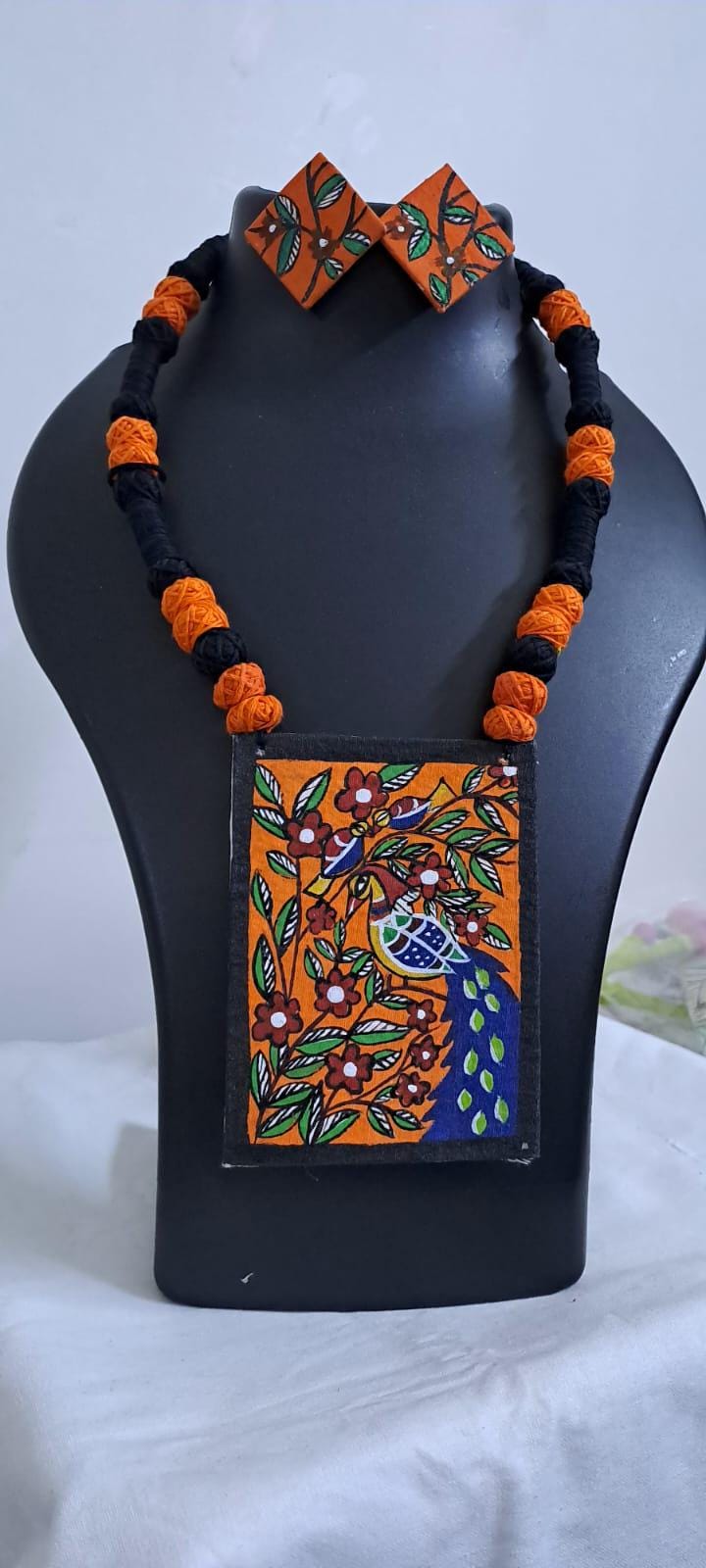 Handpainted fabric jewellery set with matching earrings