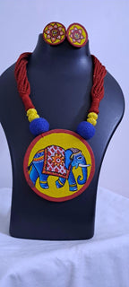 Handpainted fabric jewellery set with matching earrings