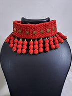 Braided red choker necklace set with fringes n matching earrings