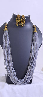 Exclusive multi layered  grey glass beads necklace set with golden oxidised matching earrings