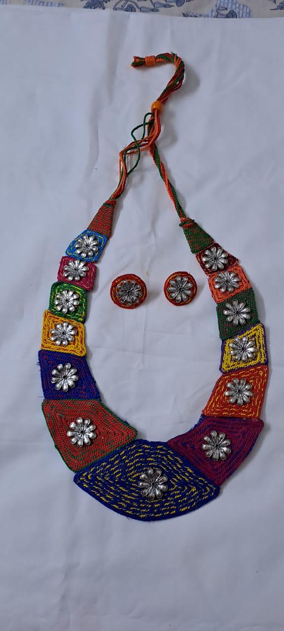Exclusive  necklace set with multiple thread n  silver oxidised pendants n matching earrings